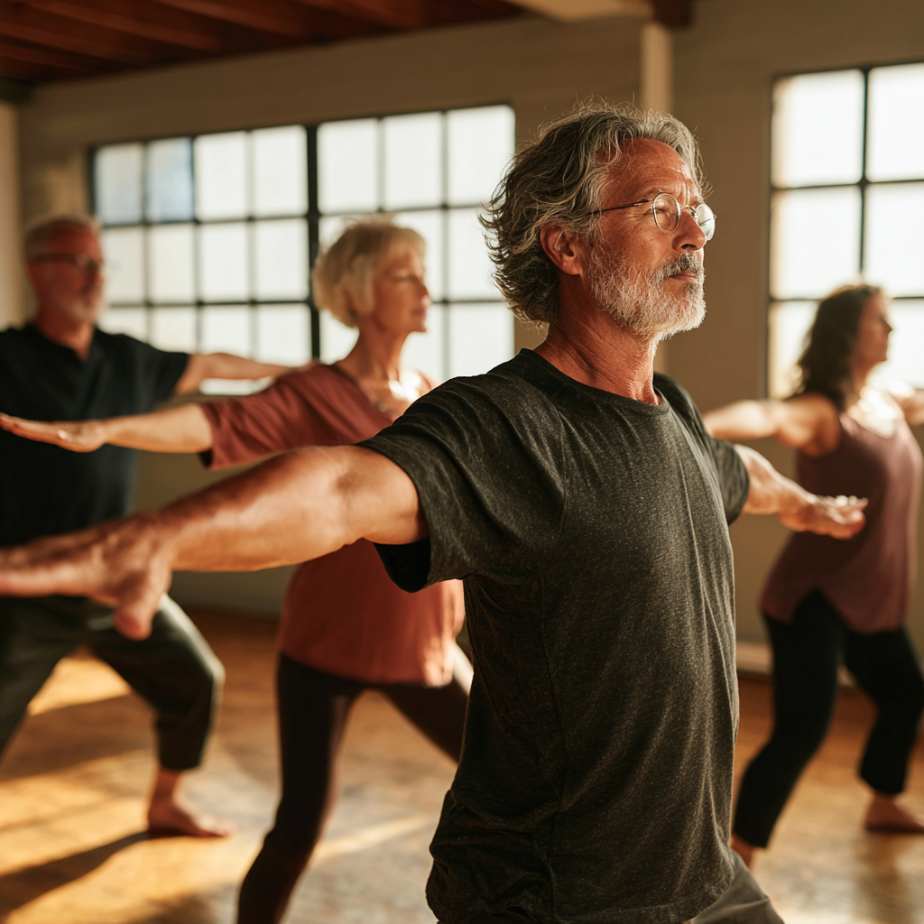 Smiling middle-aged European woman in fitness attire holding dumbbells in a modern gym, realistic photography style