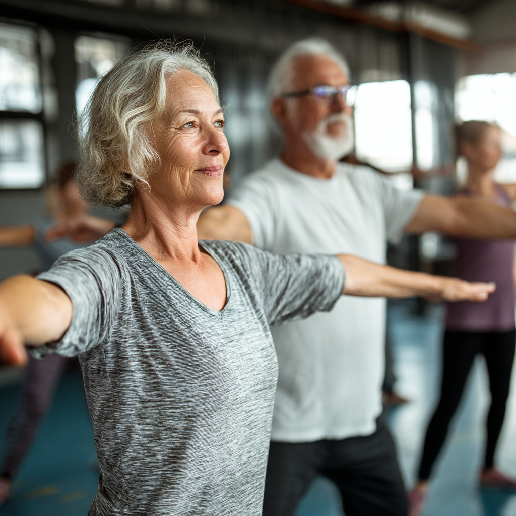 Happy middle-aged European man and woman exercising together in a bright gym, showing proper form during strength training, realistic photography style