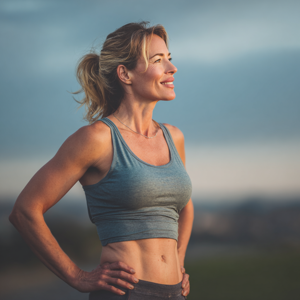 Confident smiling European woman in her 40s showing strength and vitality after successful fitness training, natural lighting, realistic photography style