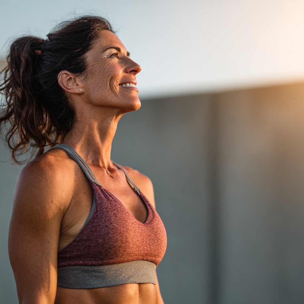 Professional European woman in business attire doing simple stretching exercises at office desk, looking refreshed and energetic, realistic office environment